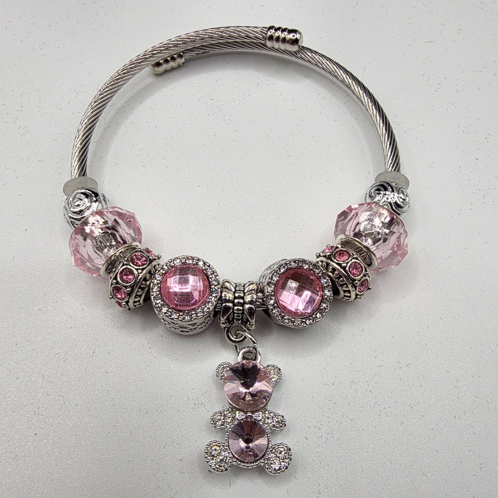 Pink Crystal Teddy Bear Charm Cable Bangle Bracelet Silver Tone Rhinestone Beads